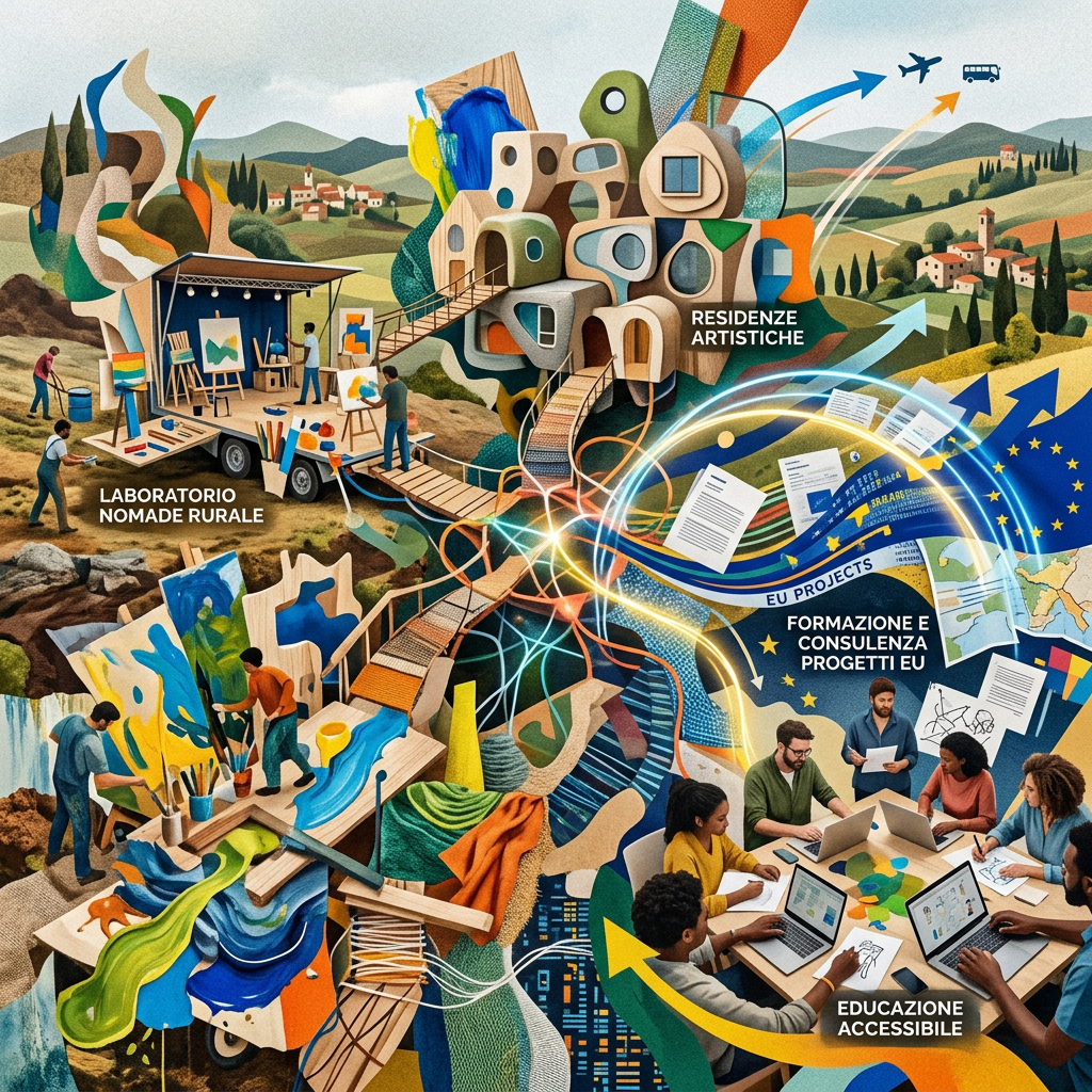 Illustration with text: LABORATORIO NOMADE RURALE, RESIDENZE ARTISTICHE, EU PROJECTS, FORMAZIONE E CONSULENZA PROGETTI EU, EDUCAZIONE ACCESSIBILE